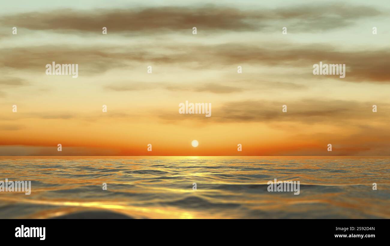 A beautiful golden sunset over the ocean background. 3D illustration ...