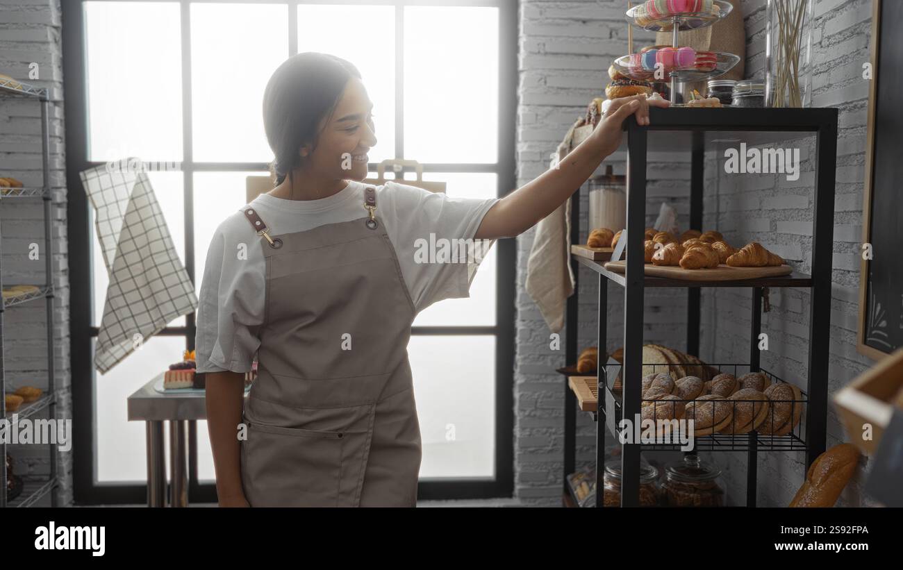 Young woman working in a bakery room indoors wearing an apron and ...