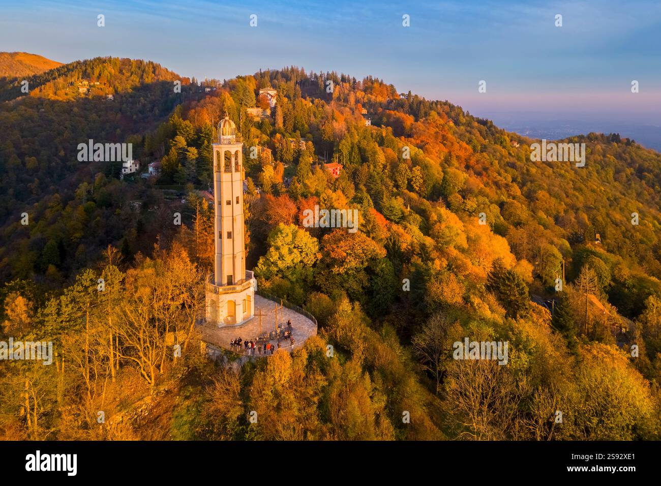 Aerial view of the Faro Voltiano (Volta Lighthouse) of Brunate overlooking Como and Como Lake in autumn. Brunate, Province of Como, Lombardy, Italy. Stock Photo