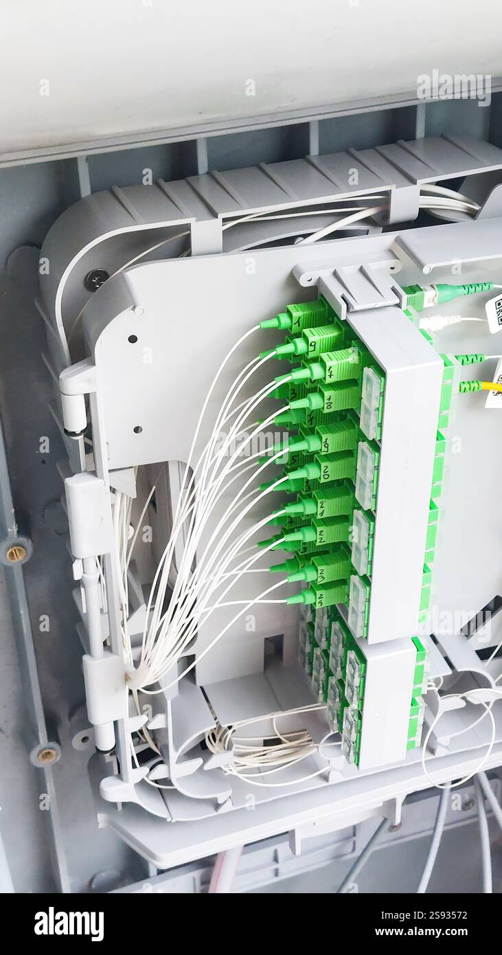 Fiber optic cables are connecting to the distribution frame in a data ...