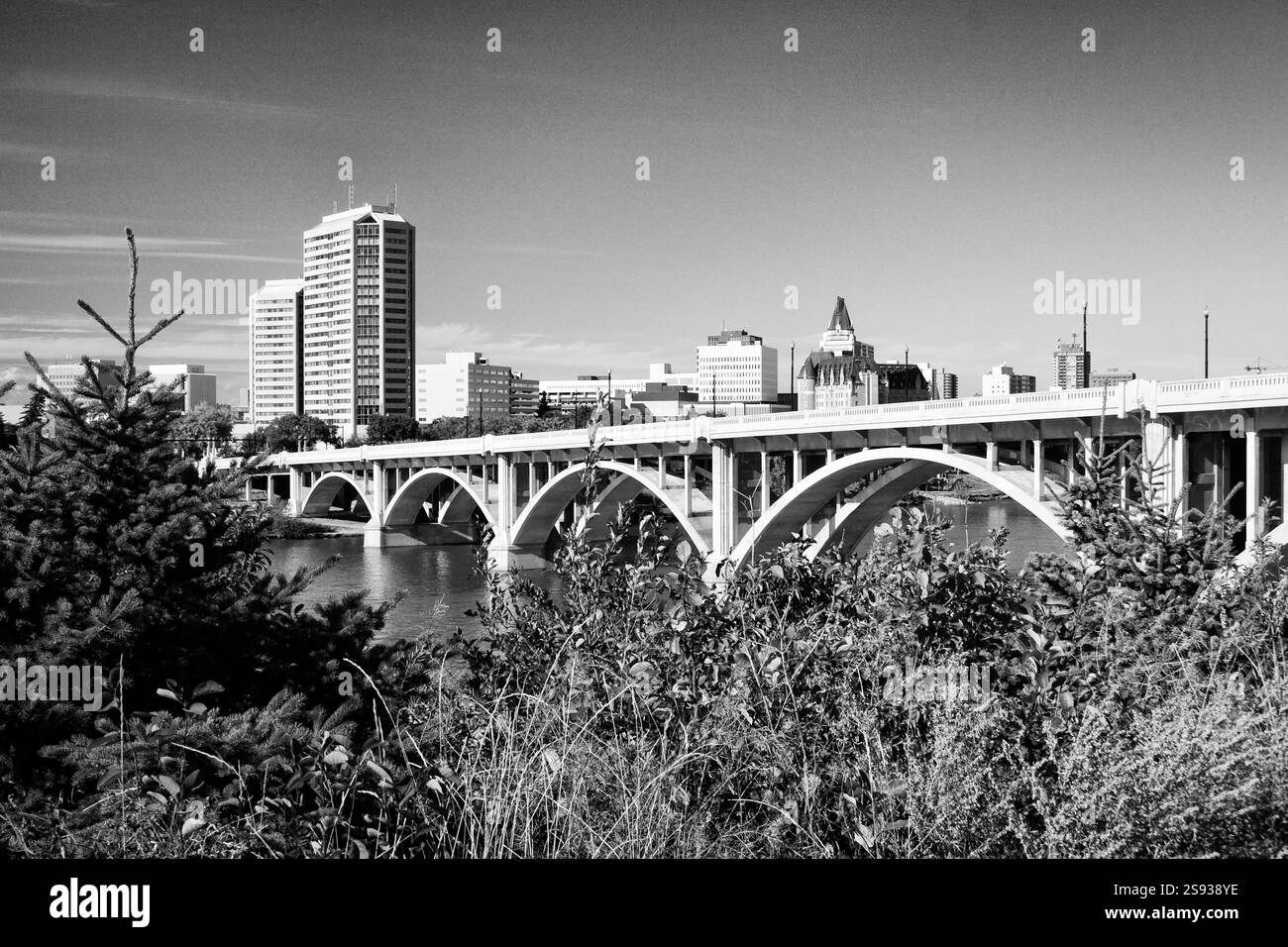 A bridge spans a river in a city. The bridge is surrounded by trees and buildings. The sky is clear and the sun is shining Stock Photo