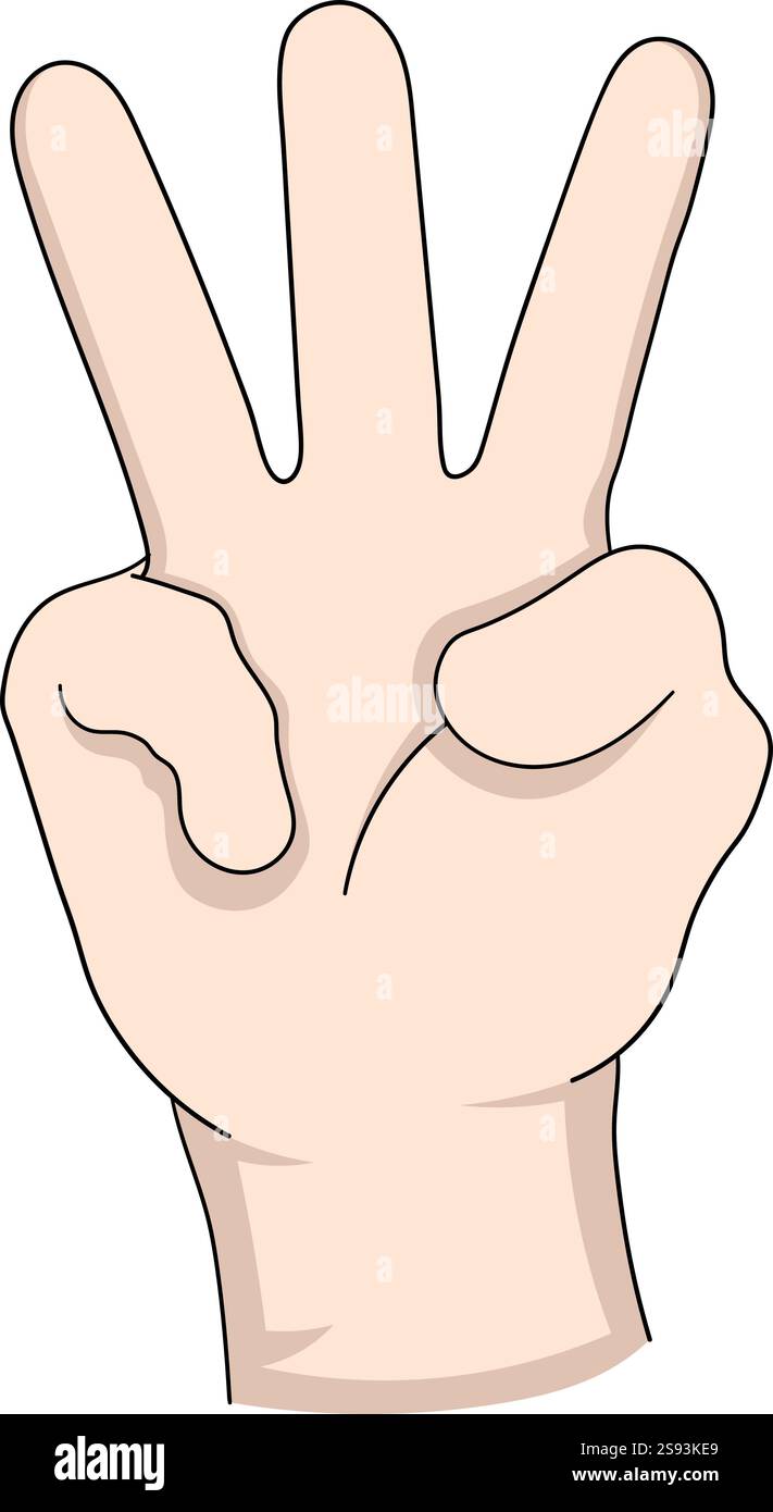 A simple cartoon illustration of a human hand displaying three fingers ...