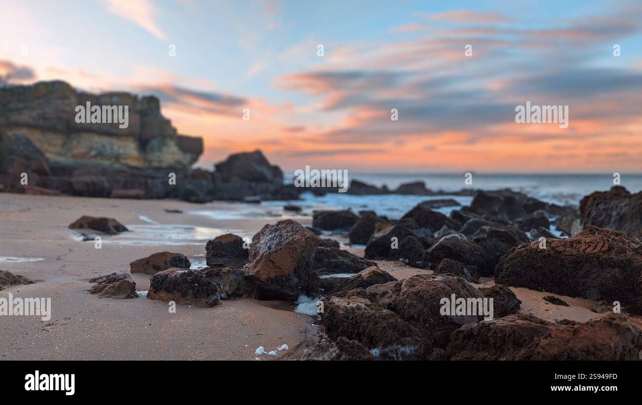 Rocky Rugged Coastline Scotland Beach Sunset - Smartphone Captured Stock Image