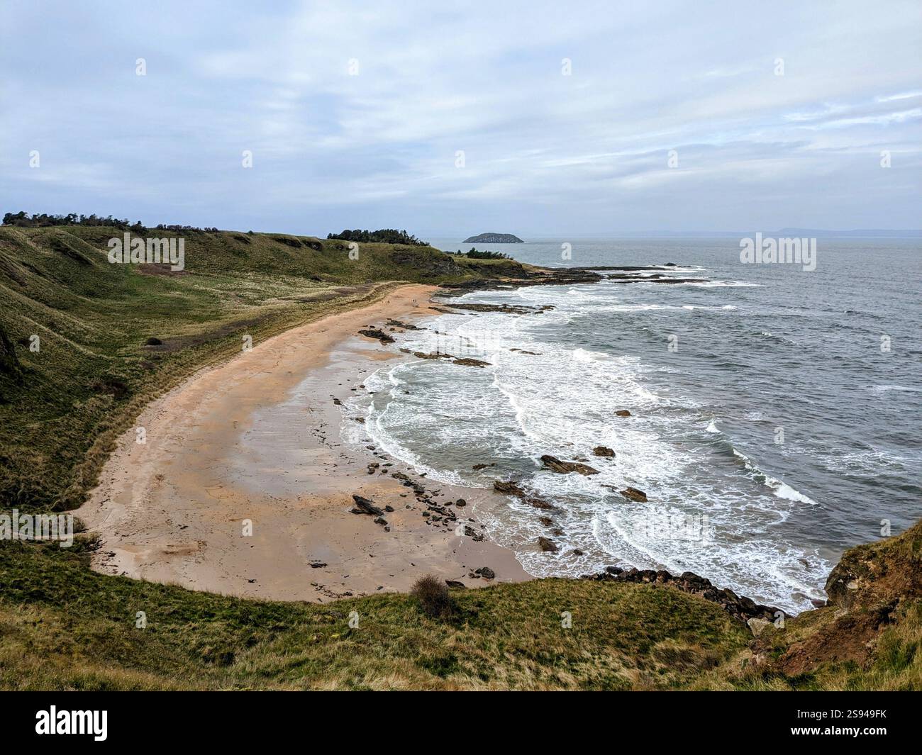 Scotland Crescent Shaped Beach Sea Aerial View - Smartphone Captured Stock Image