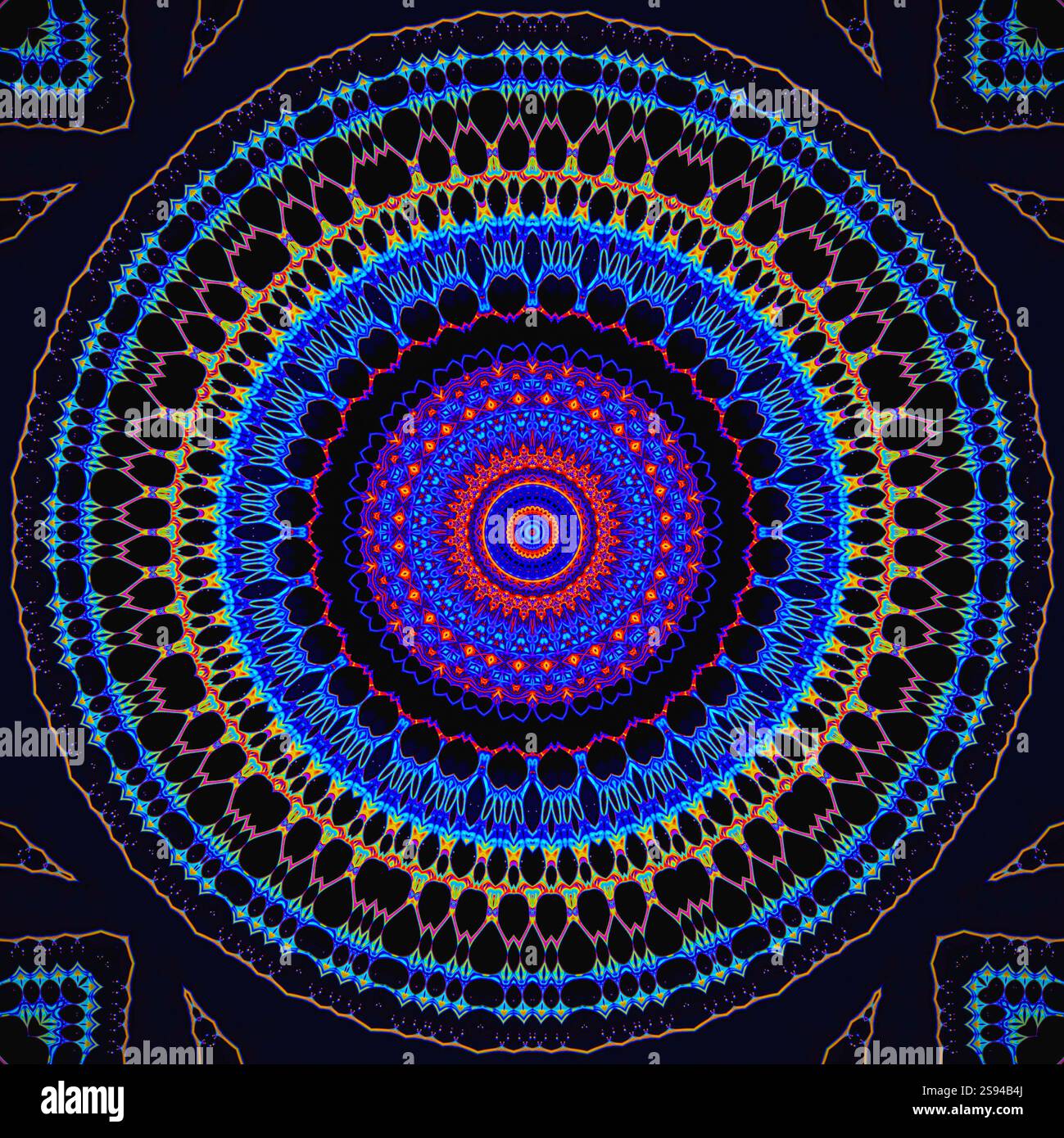 A unique kaleidoscope made from a photograph. Abstract kaleidoscope background. Beautiful psychedelic circular pattern. Multicolor geometric texture Stock Photo