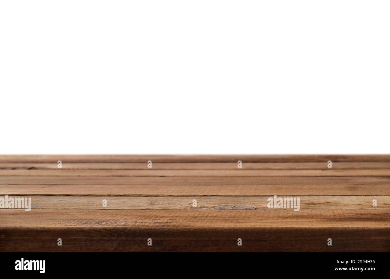 Empty brown wooden planks table surface for product display background isolated cutout on white Stock Photo