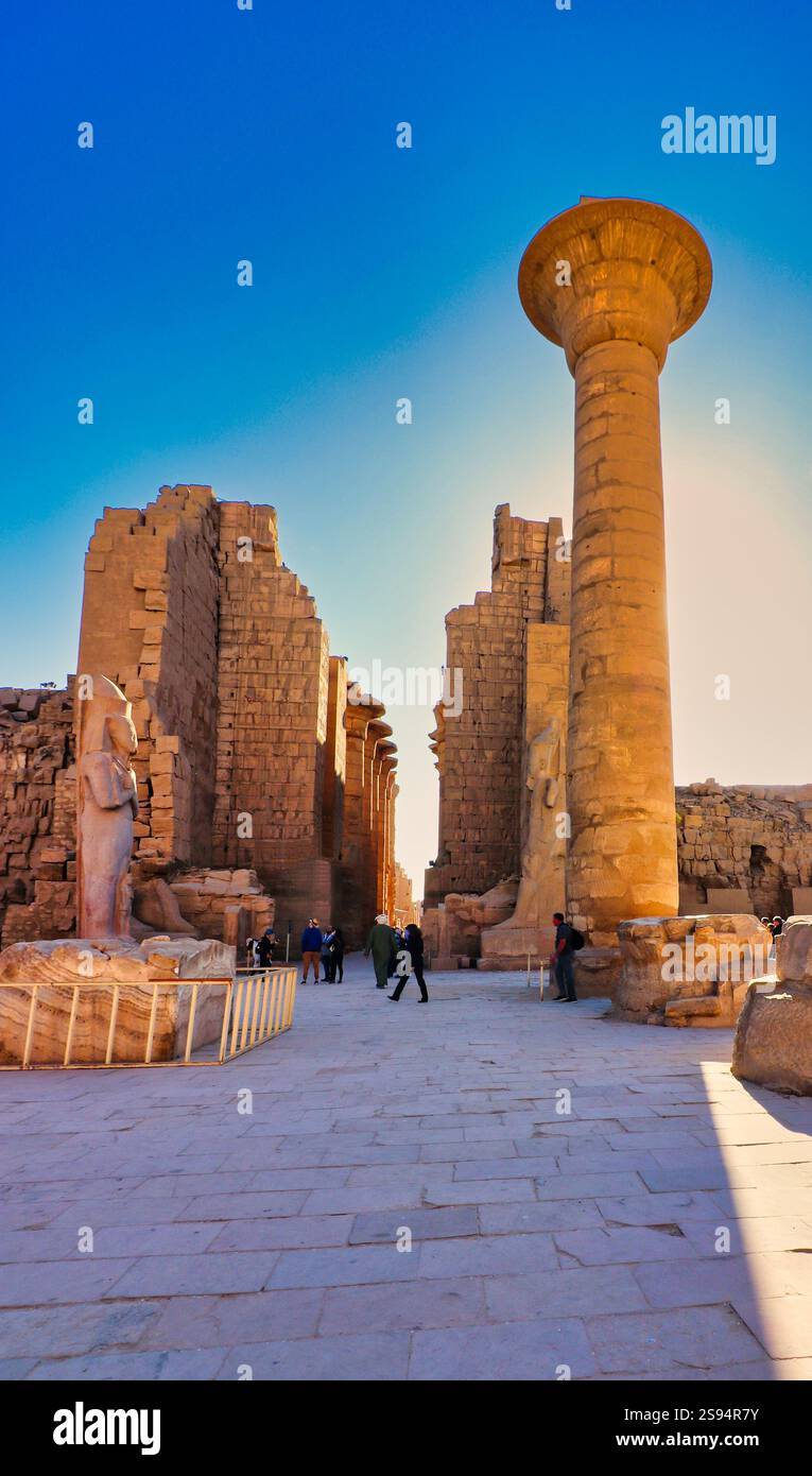 Great Column of Taharqa,Nubian Pharoah of 25th dynasty,near the 2nd entrance of the hypostyle gallery at  Karnak temple complex,Luxor,Egypt Stock Photo