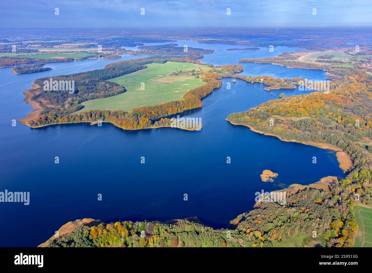 Aerial view over lake Schaalsee at Biosphärenreservat Schaalsee in ...