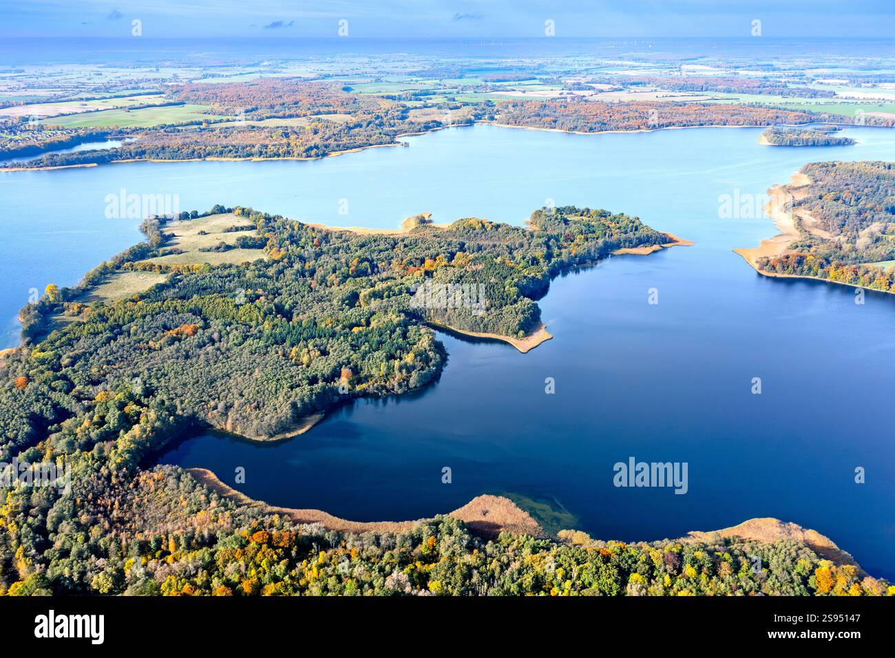 Aerial view over lake Schaalsee at Biosphärenreservat Schaalsee in ...