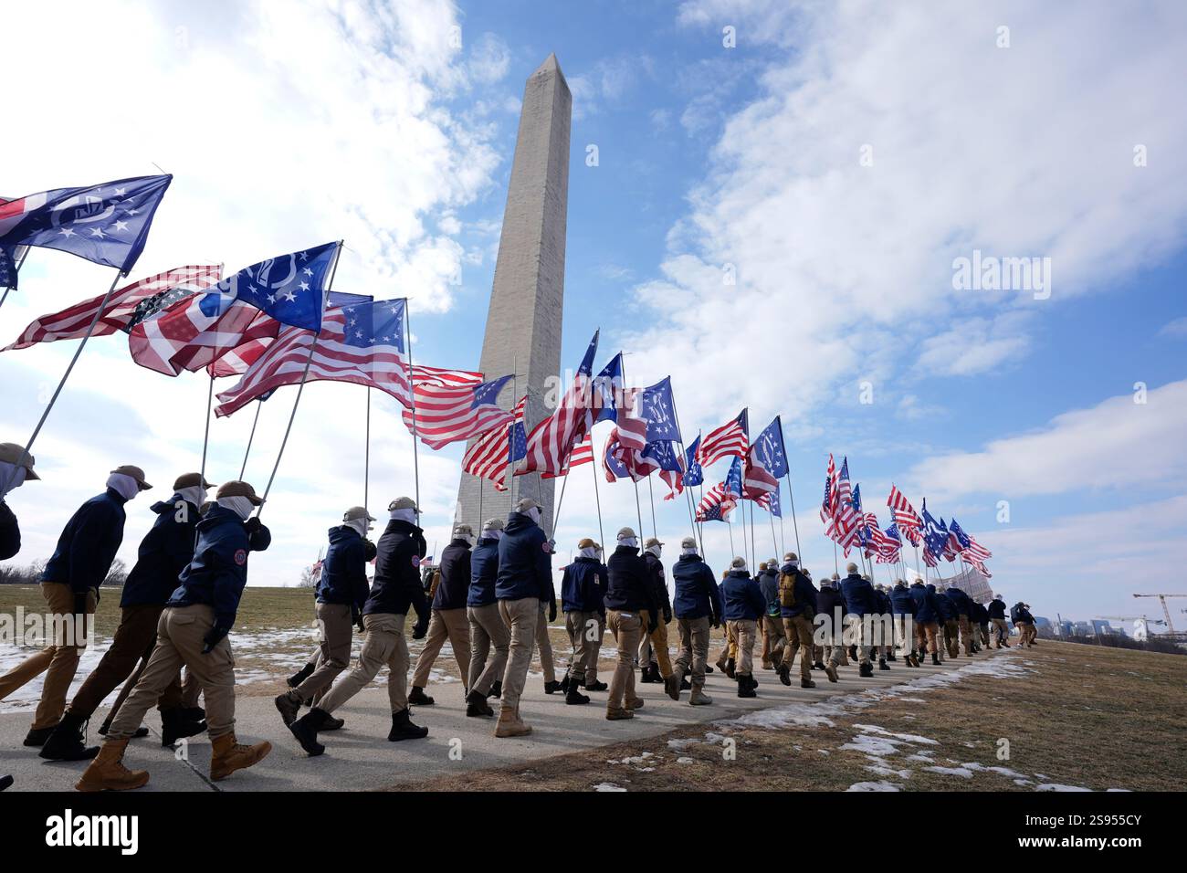 Members of a group calling themselves Patriot Front, march near the Washington Monument and near