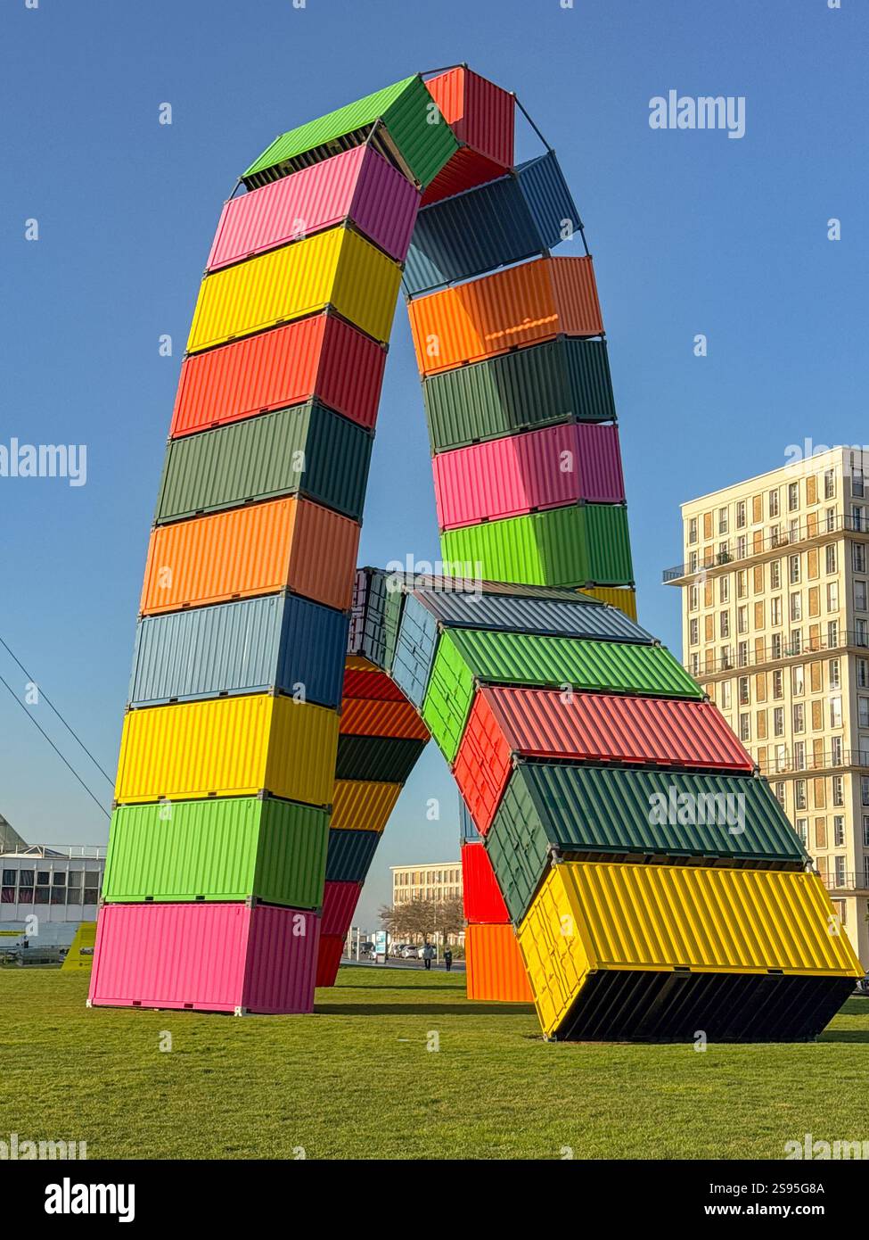 Le Havre, France, Europe - 16 January 2025: Modern art near the port of Le Havre with arches formed from industrial shipping containers. - Smartphone Captured Stock Image