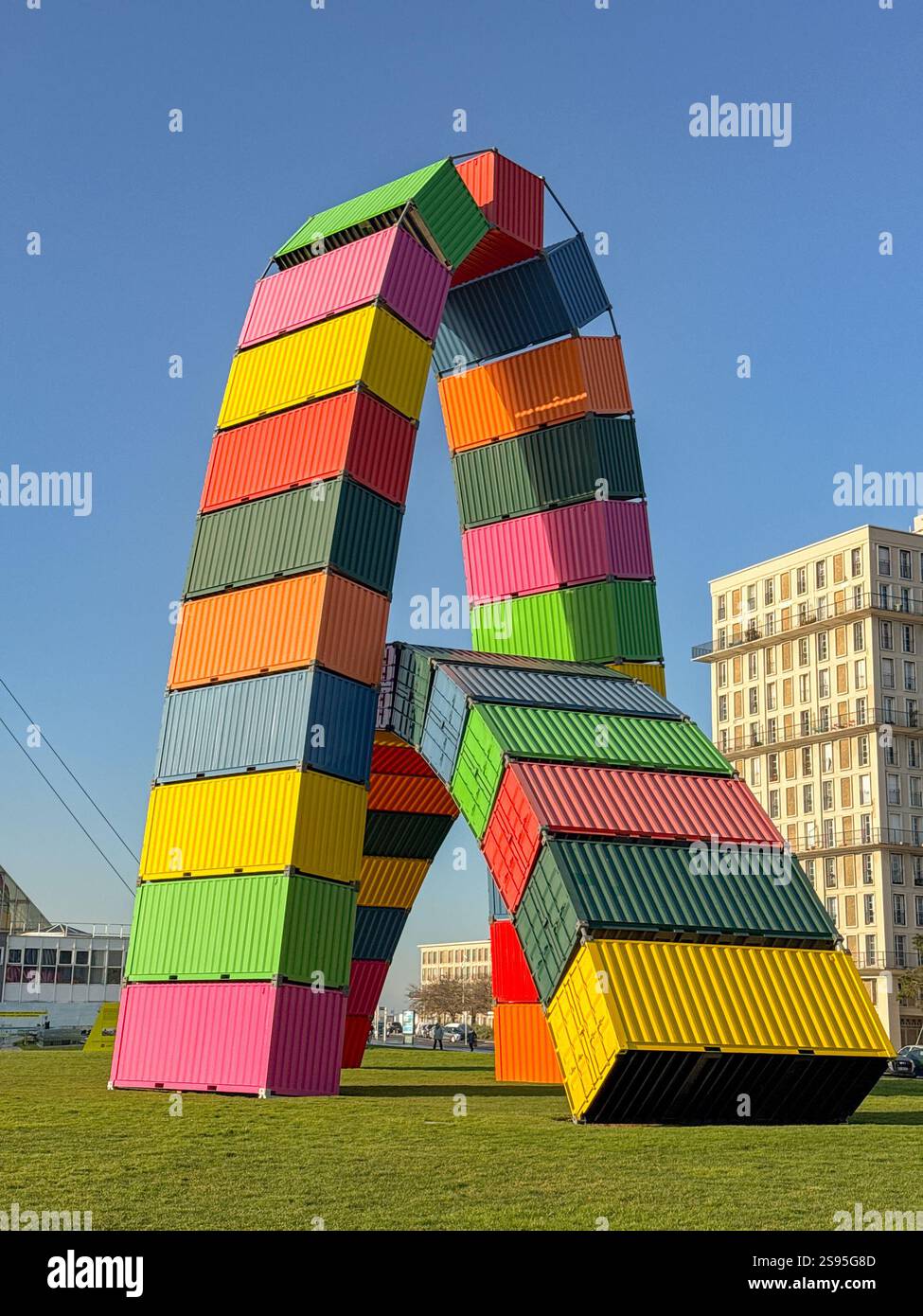 Le Havre, France, Europe - 16 January 2025: Modern art near the port of Le Havre with arches formed from industrial shipping containers. - Smartphone Captured Stock Image