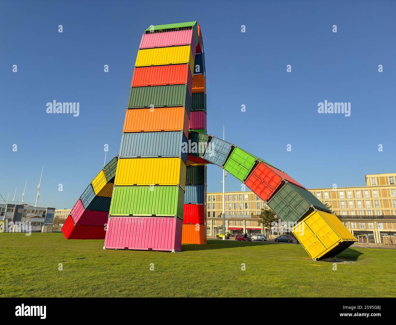 Le Havre, France, Europe - 16 January 2025: Modern art near the port of Le Havre with arches formed from industrial shipping containers. - Smartphone Captured Stock Image