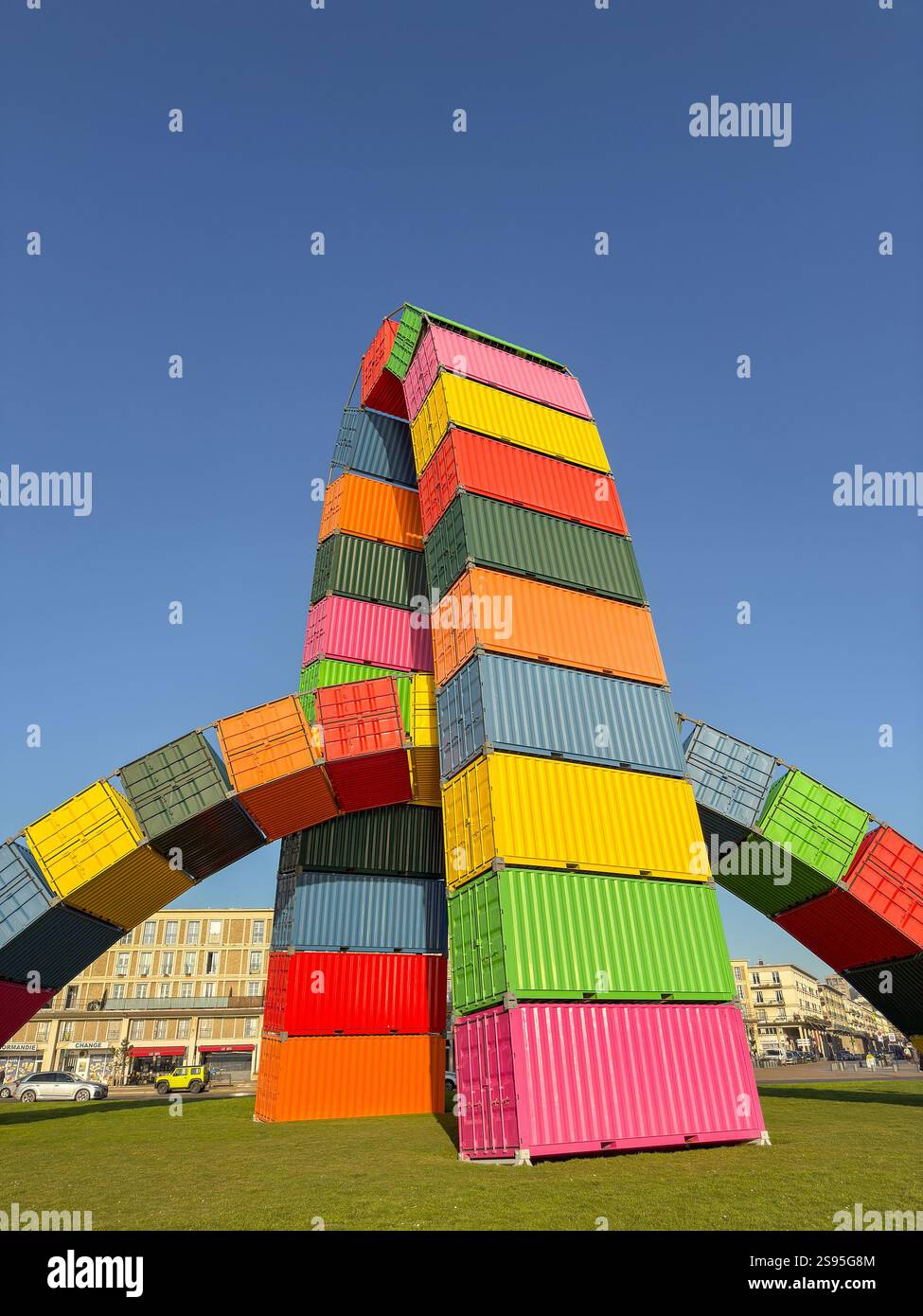 Le Havre, France, Europe - 16 January 2025: Modern art near the port of Le Havre with arches formed from industrial shipping containers. - Smartphone Captured Stock Image