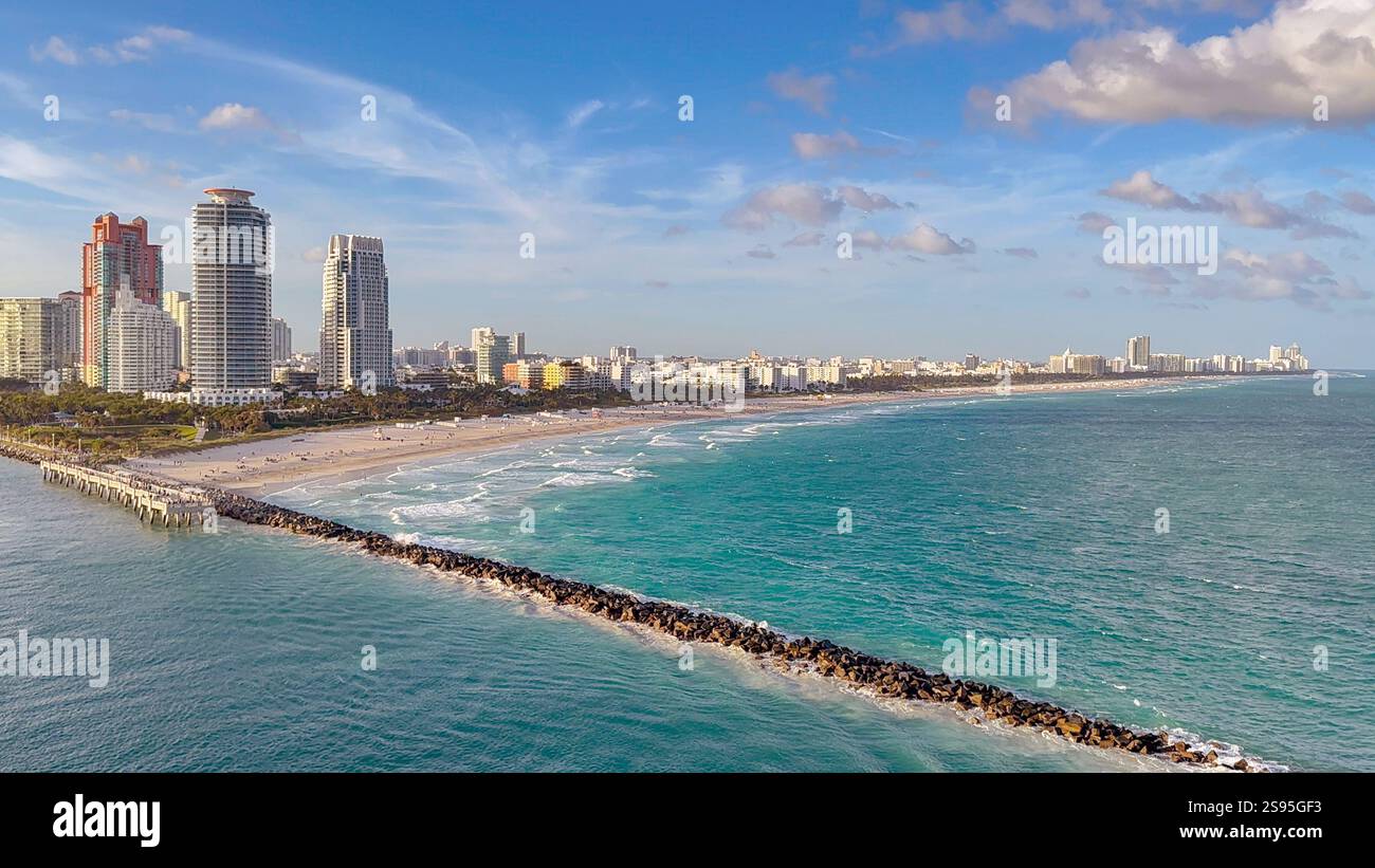 Miami, Florida, USA - 4 January 2025: Scenic landscape view of Miami South Beach and the South Pointe breakwater. - Smartphone Captured Stock Image