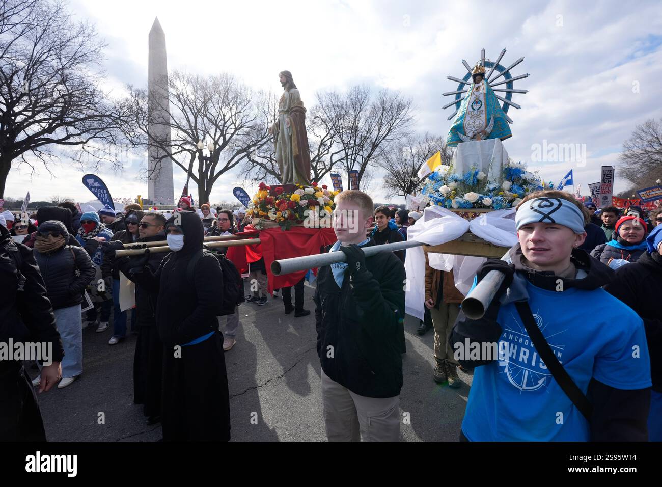 People participating in the annual March for Life, walk from the Washington Monument, rear, to