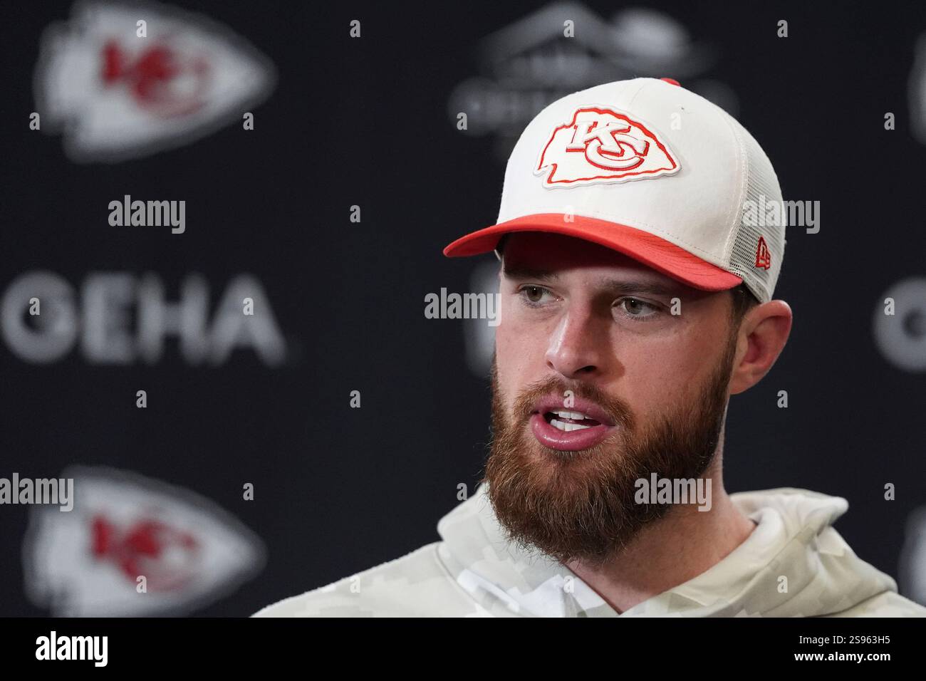 Kansas City Chiefs place kicker Harrison Butker addresses the media ...
