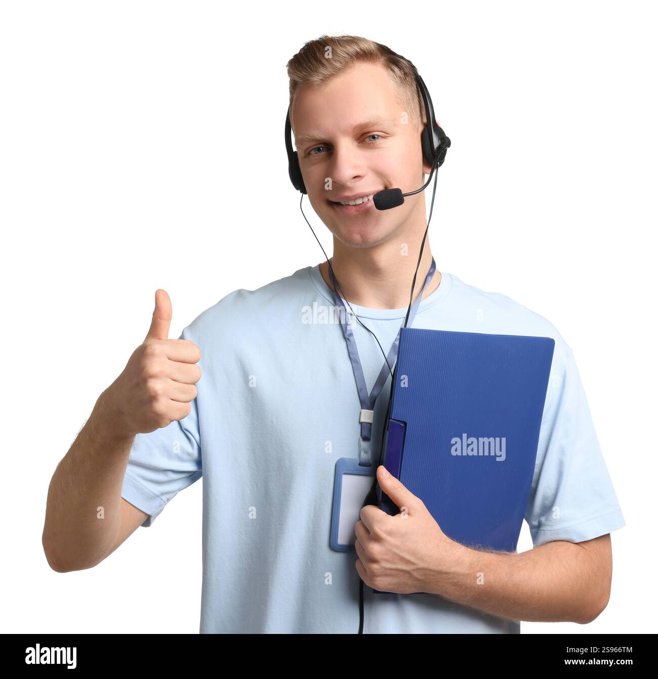 Technical support call center. Smiling operator with folder showing ...