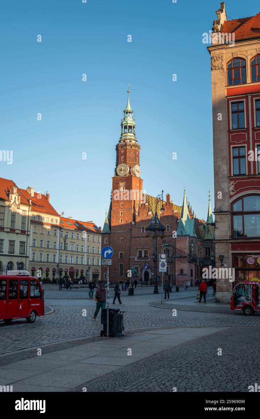 Wroclaw Old Town in January with the iconic Town Hall tower, colorful ...