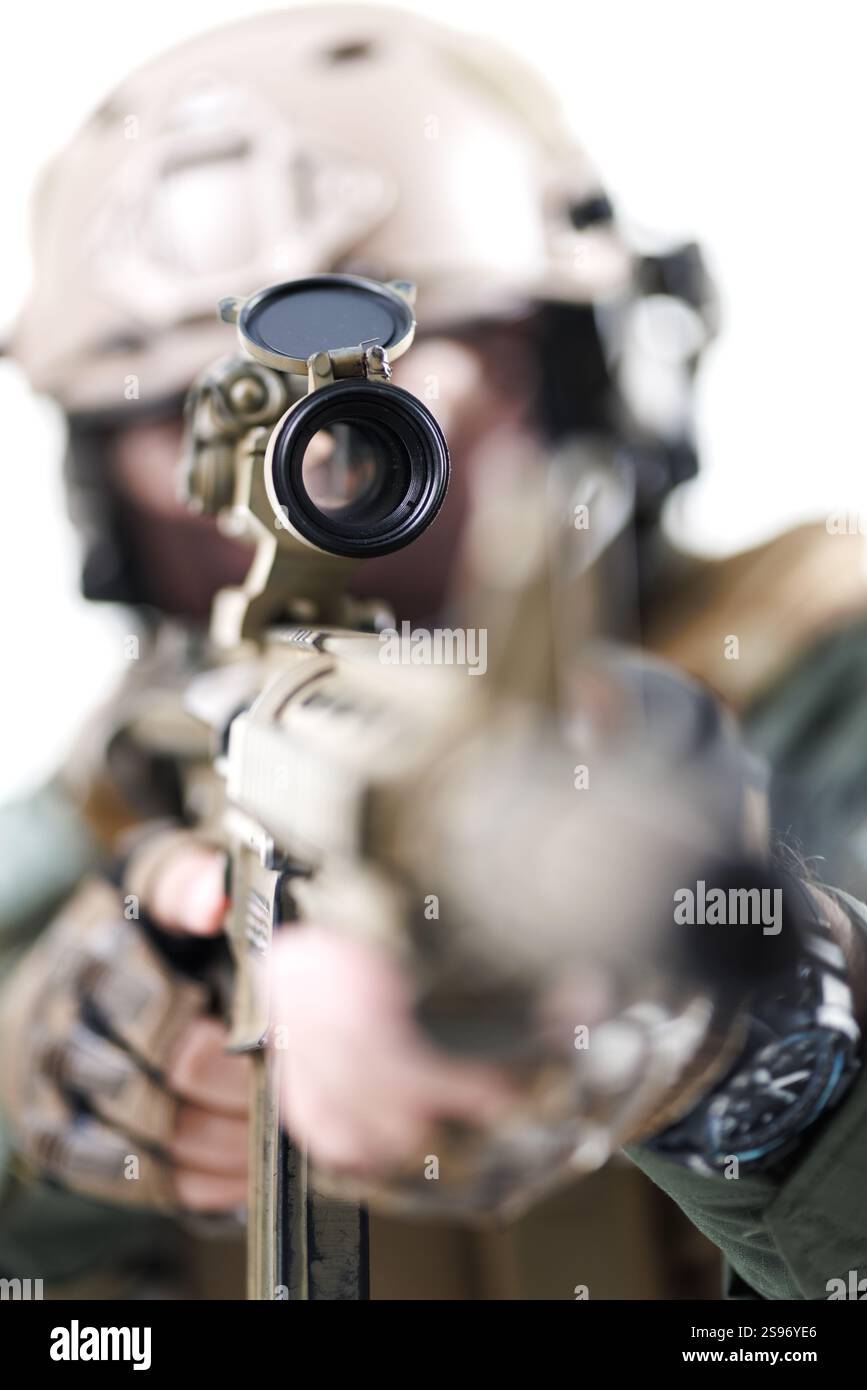 Scope Discipline Detailed view of a person focusing through a rifle scope, wearing ...