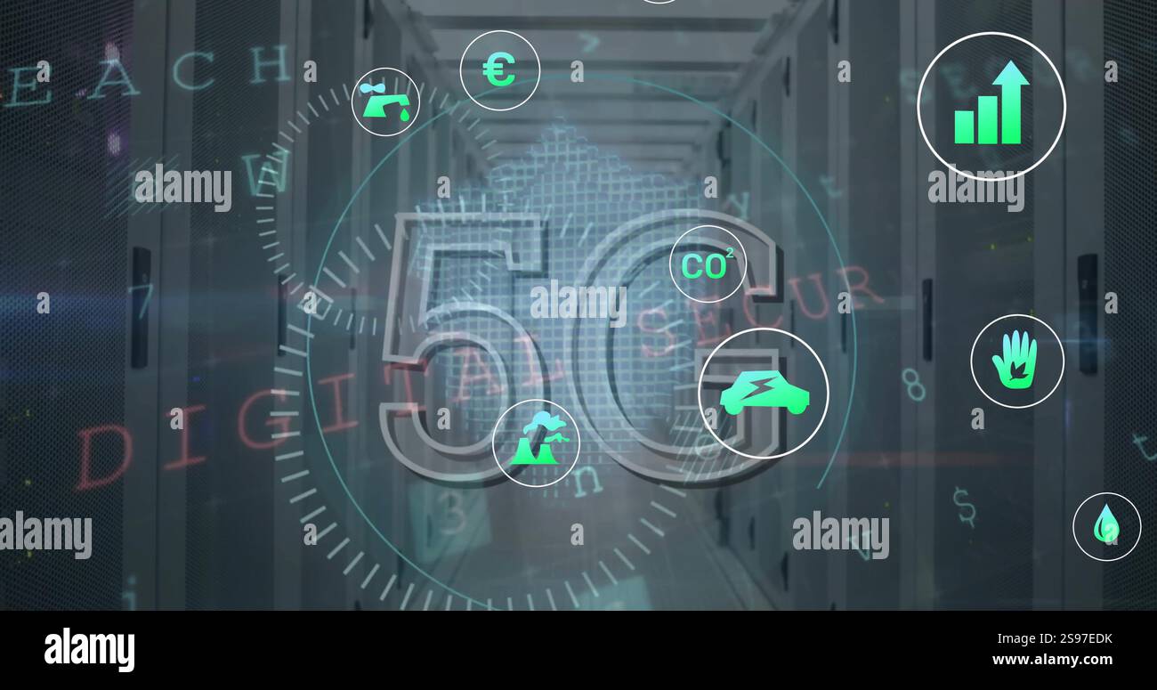 Image of 5g text, eco icons and data processing over computer servers Stock Photo