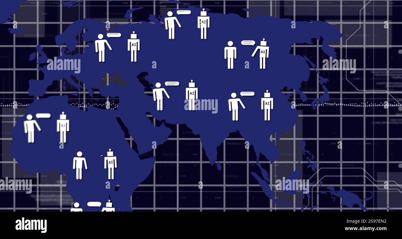 Global population distribution image over world map with grid ...