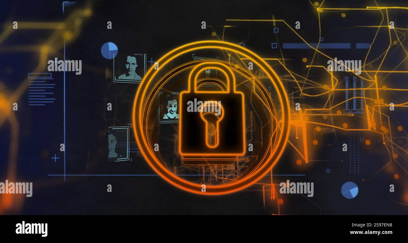 Lock icon and digital connections, data security image over abstract background Stock Photo