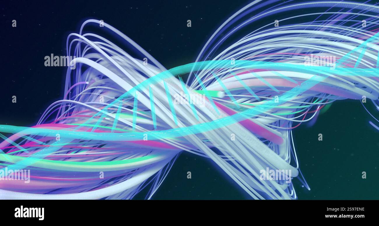 Colorful light trails forming abstract shapes over dark background ...