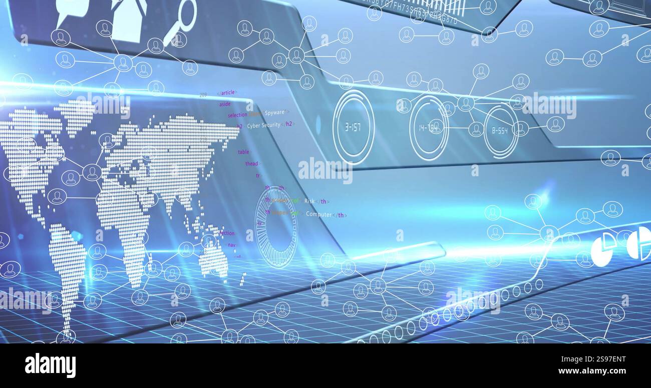 Digital world map and data processing image over futuristic interface ...