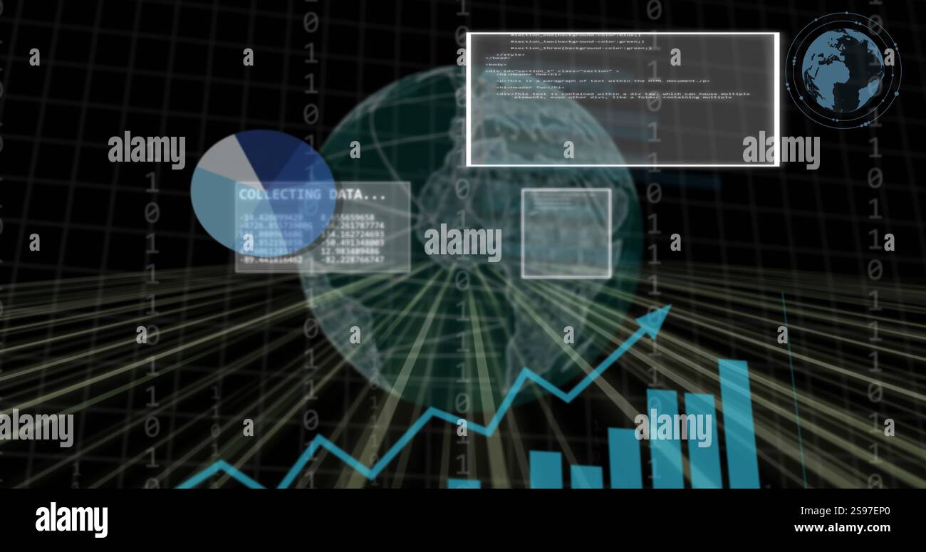Collecting data image over globe with charts and graphs Stock Photo