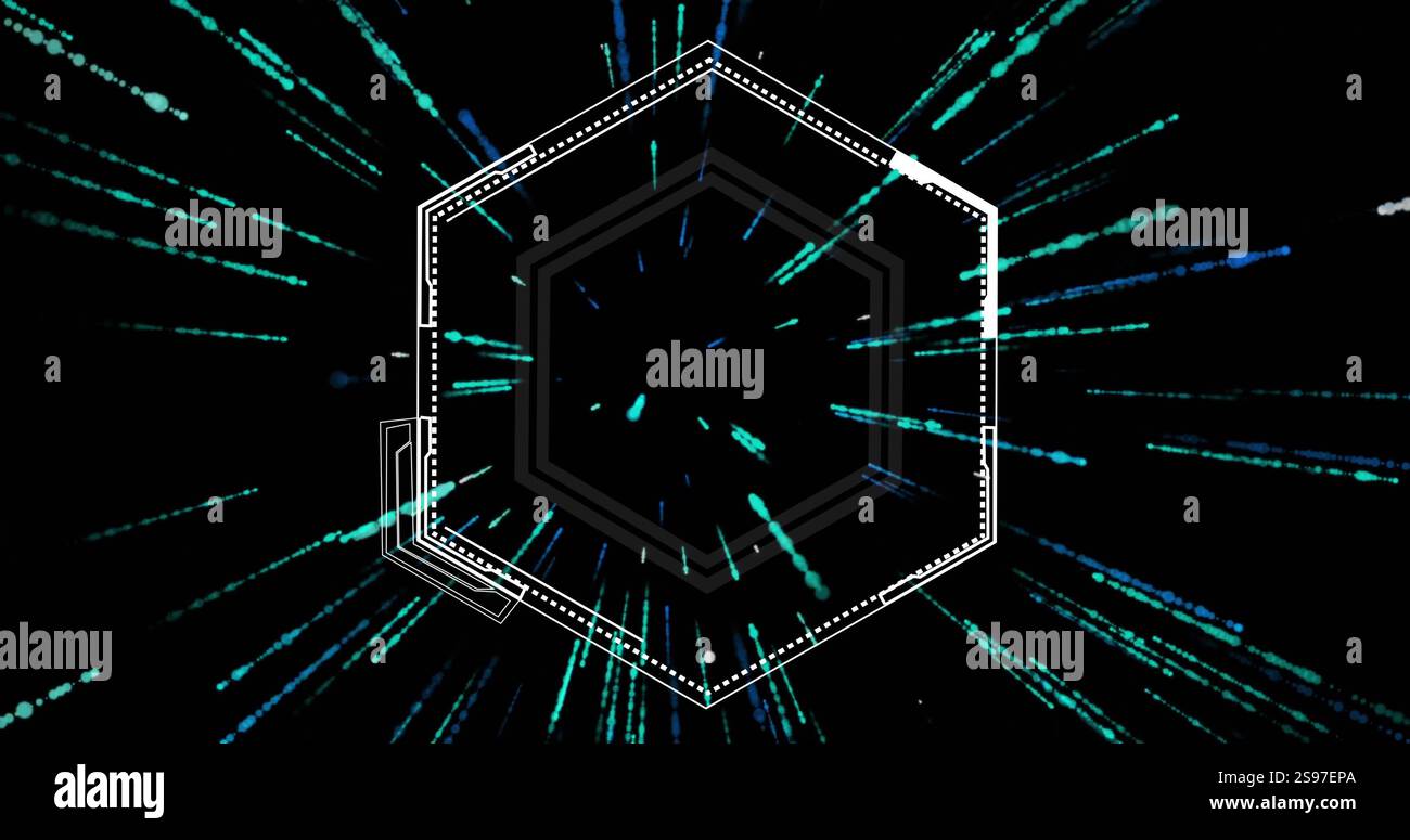 Hexagonal frame with blue and green light streaks image on black background Stock Photo