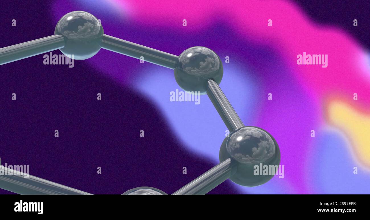 Molecular structure image over vibrant pink and purple gradient background Stock Photo
