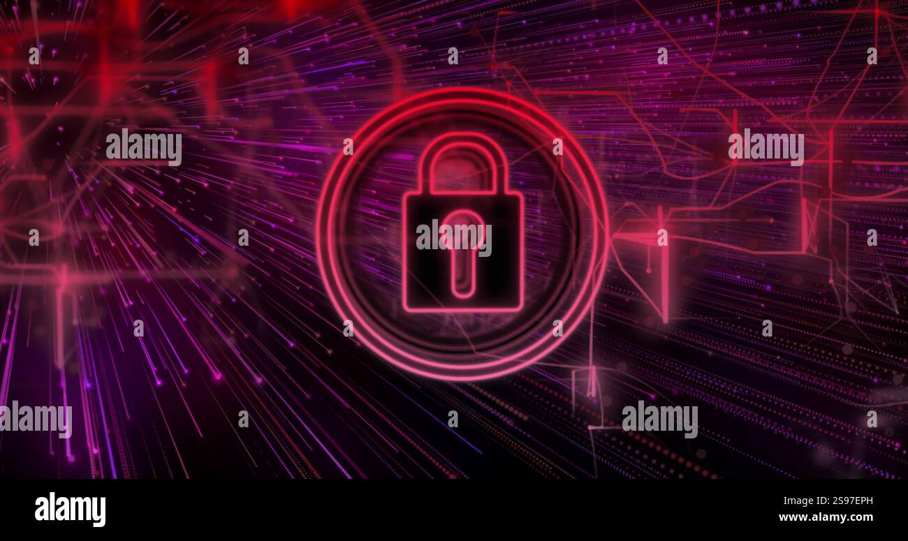 Lock icon and digital security image over abstract purple and red ...