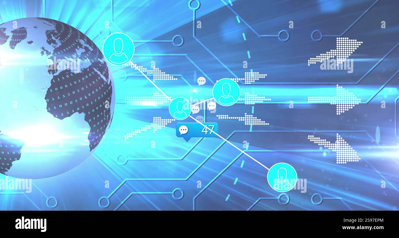 Global communication network image over digital world map and user ...