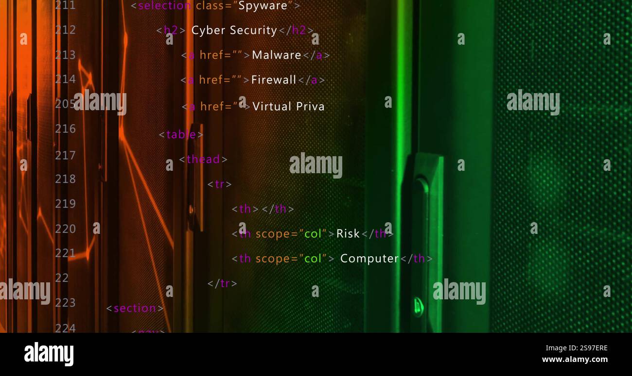 HTML code with Spywar class image over colorful server room background Stock Photo