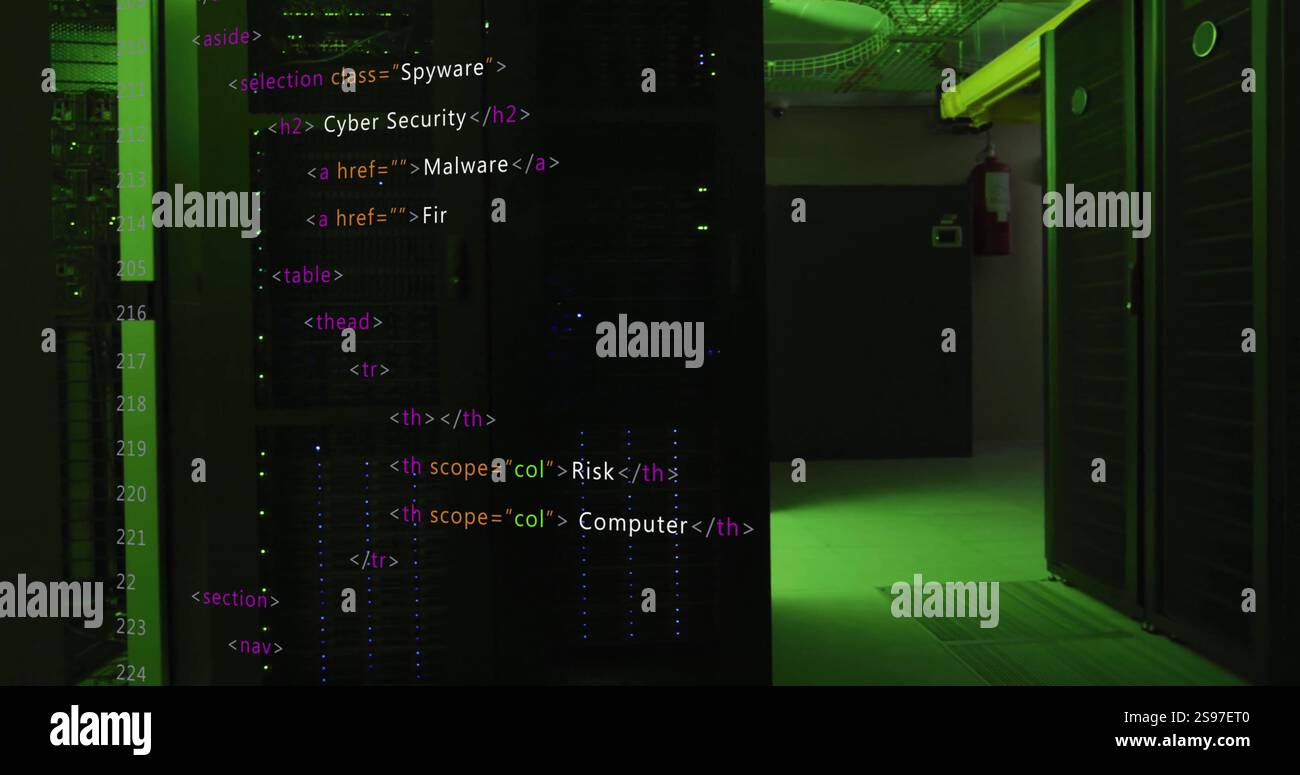 HTML code image over server room with green lighting Stock Photo