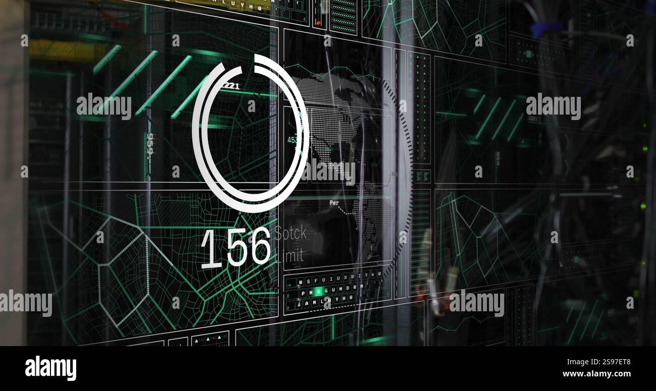 Digital data processing image over futuristic interface with world map and graphs Stock Photo