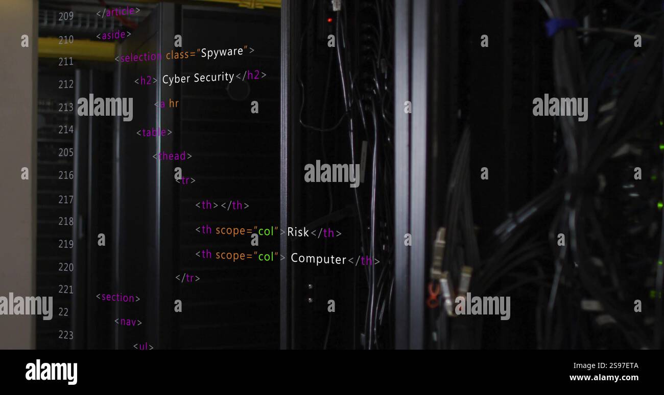 HTML code image over server racks in data center Stock Photo
