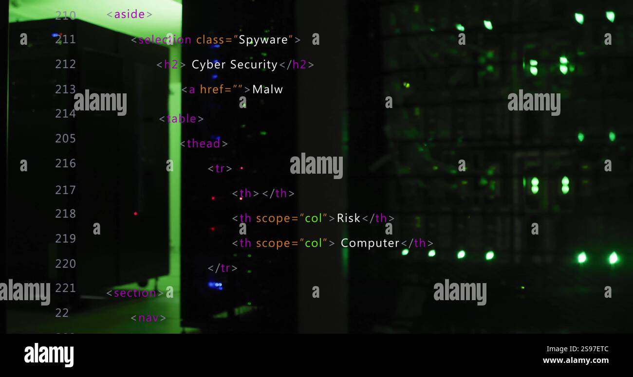 Computer code image over server room with green lights Stock Photo