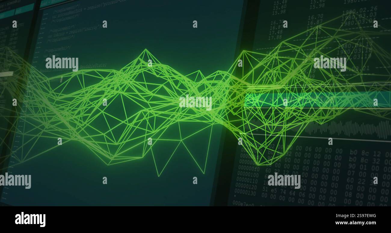 Green geometric wireframe image over digital data on dark background Stock Photo