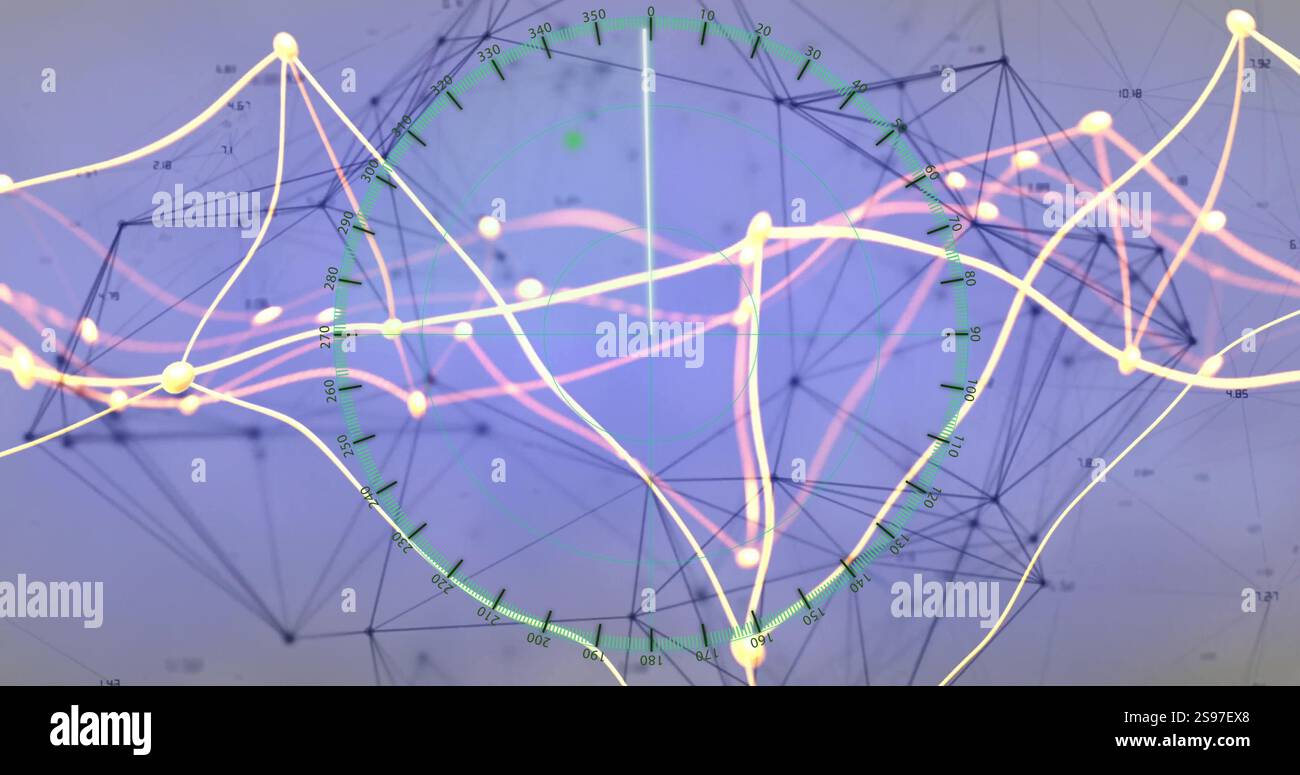 Network connections and data points image over circular graph and geometric background Stock Photo