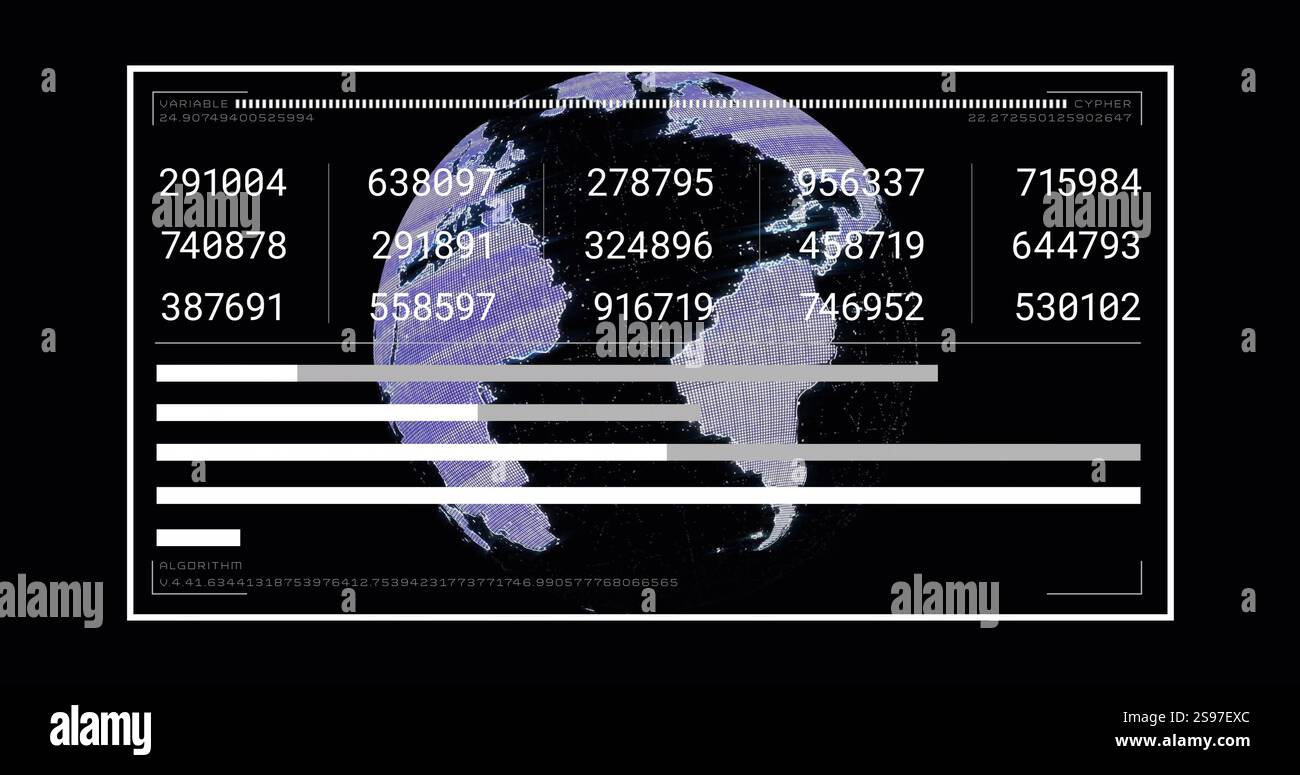 Digital data and algorithm image over rotating Earth with numerical codes Stock Photo