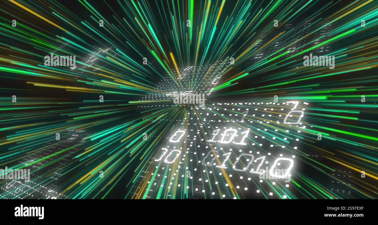 Binary code and data streams in digital matrix image Stock Photo