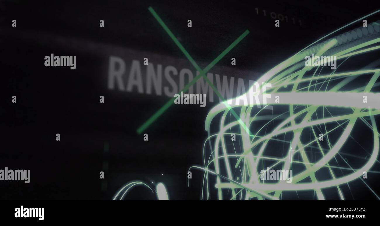 Ransomware text and digital lines image over dark background Stock Photo