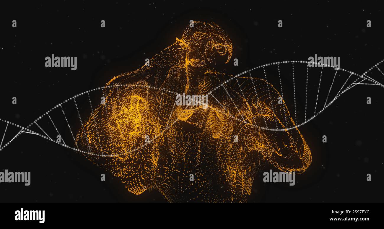 DNA strand and glowing particles, scientific data processing image Stock Photo