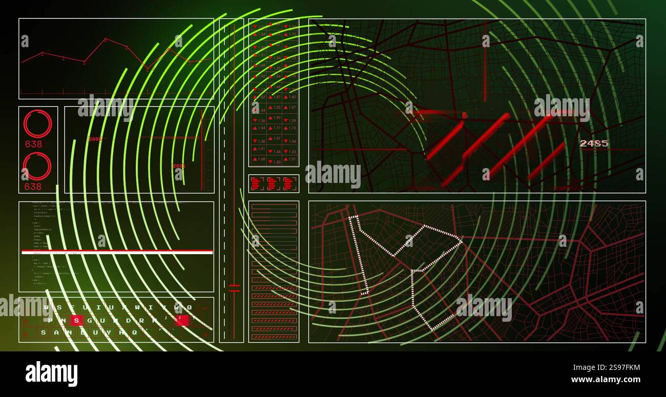 Green and red digital interface with circular patterns over data processing image Stock Photo