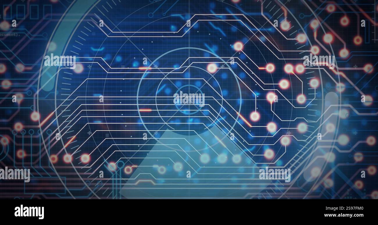 Circuit board and data flow image over blue digital background Stock Photo