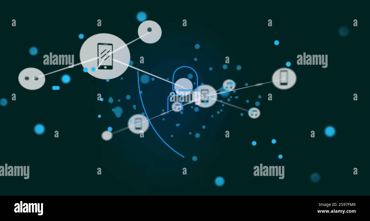 Lock and shield icon with connected media icons, cybersecurity image ...