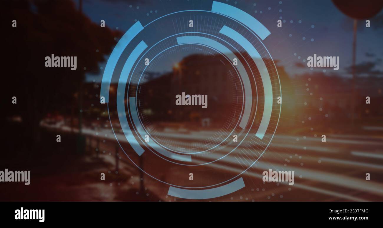 Image of binary coding and envelope icon over cityscape Stock Photo