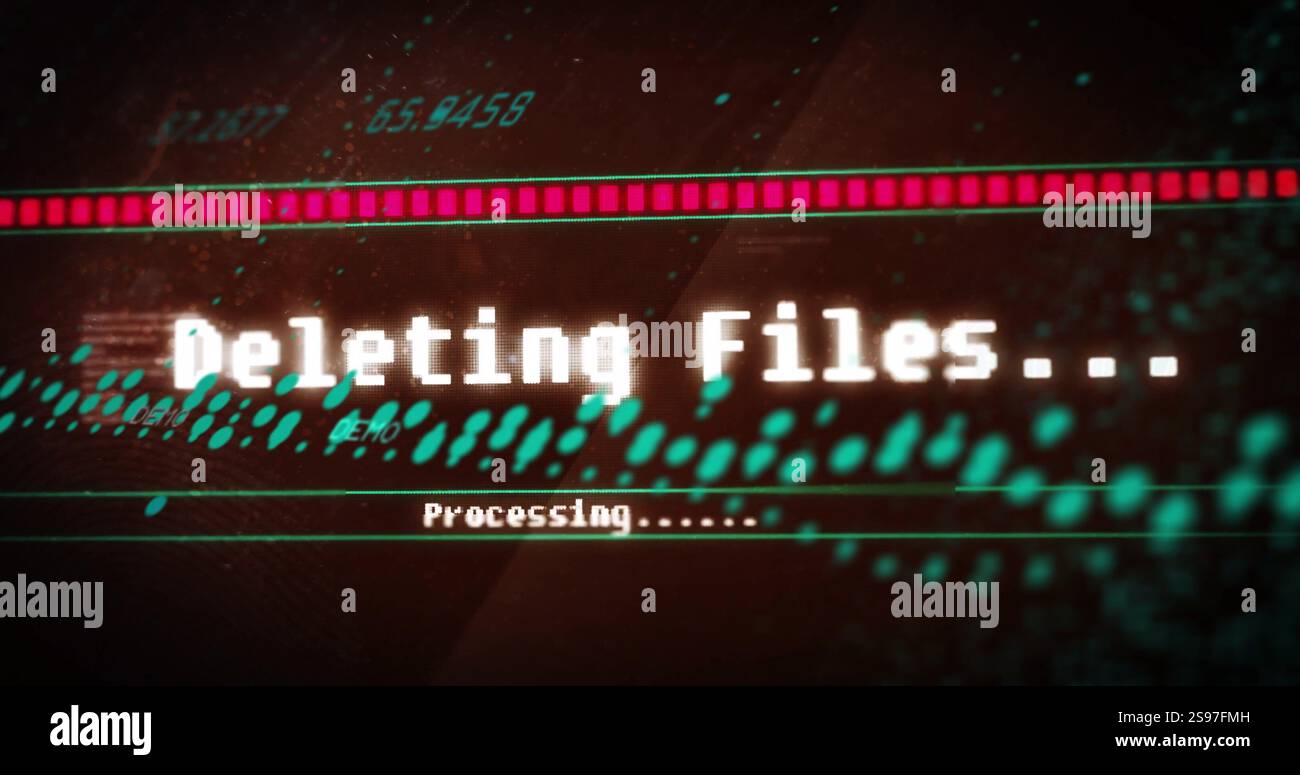 Processing text and numerical data over digital image with red progress bar Stock Photo